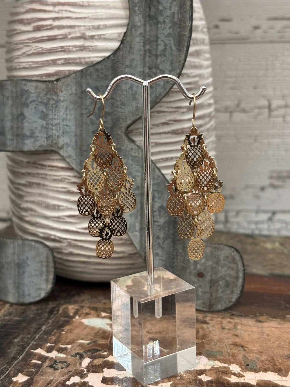 Filgree Multi Tier Cluster Pineapples Gold Dangle Earrings